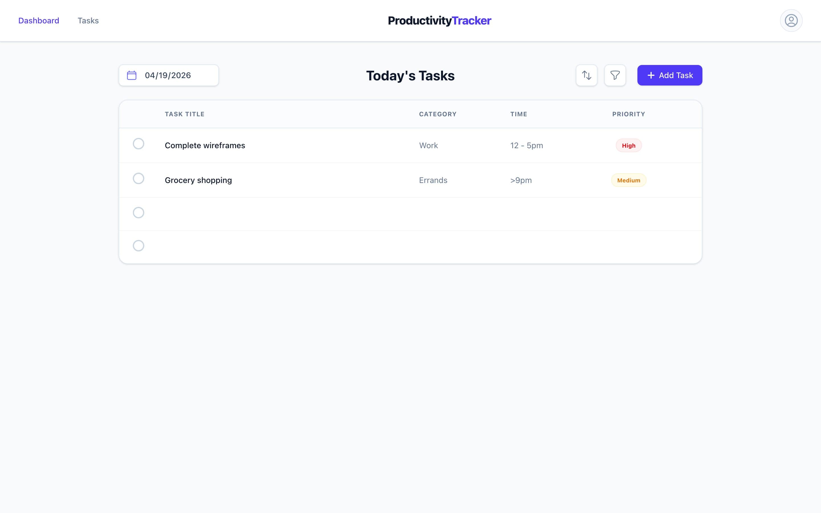 Personal productivity dashboard showing today's tasks with category, time, and priority.