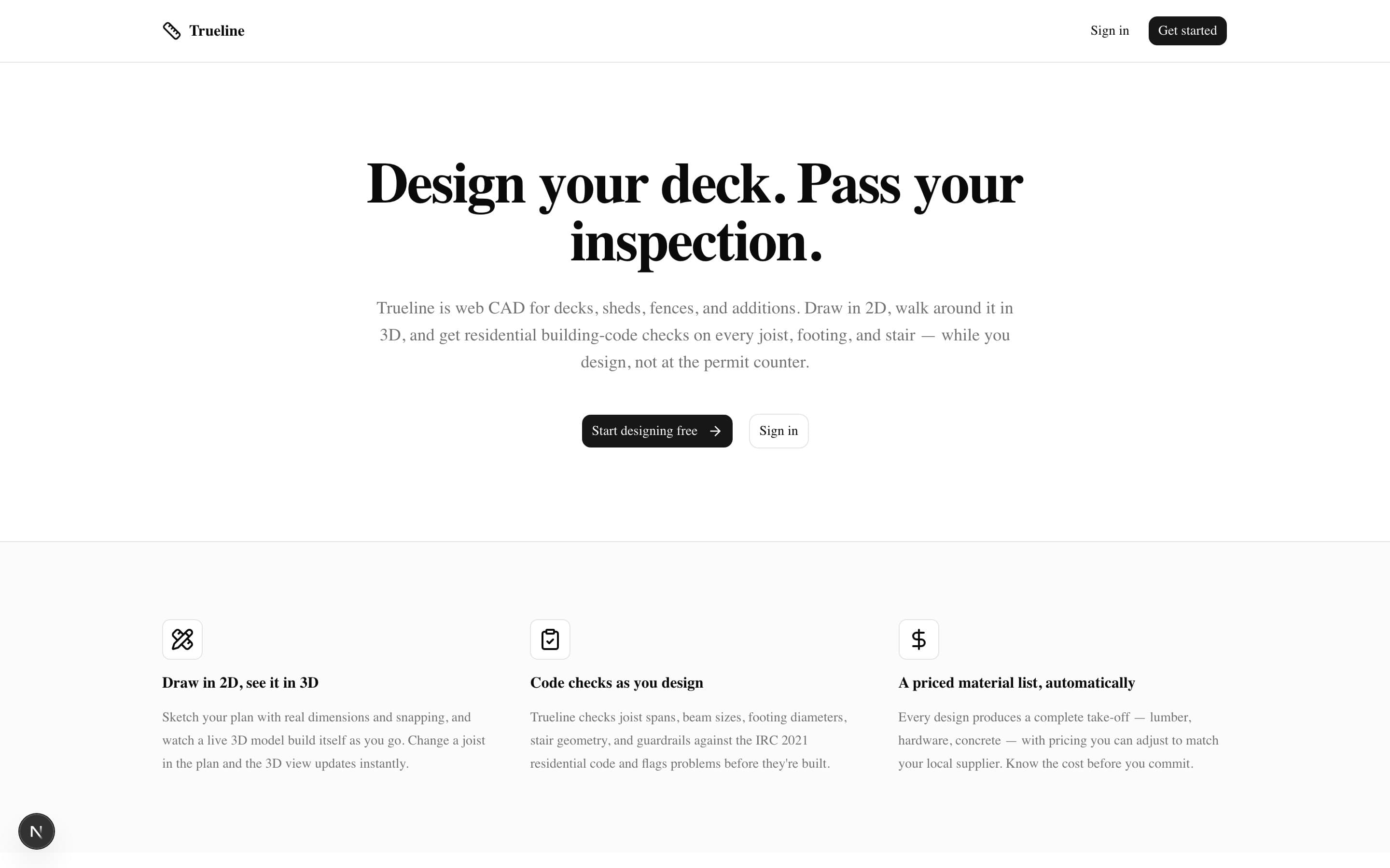 Trueline landing page — 'Design your deck. Pass your inspection.' — web CAD for decks, sheds, fences and additions.