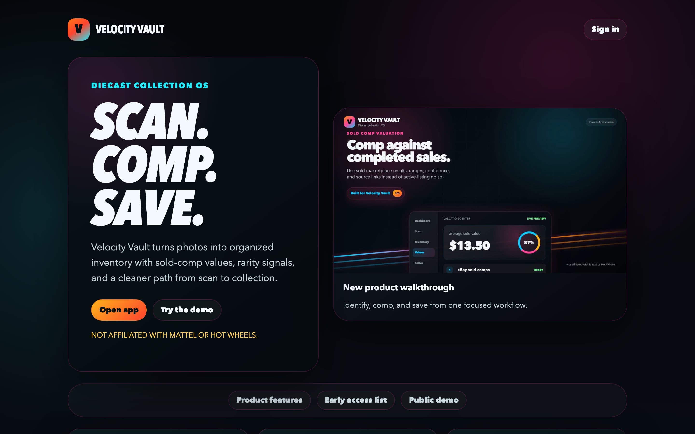Velocity Vault product page reading 'Scan. Comp. Save.' with a valuation walkthrough.