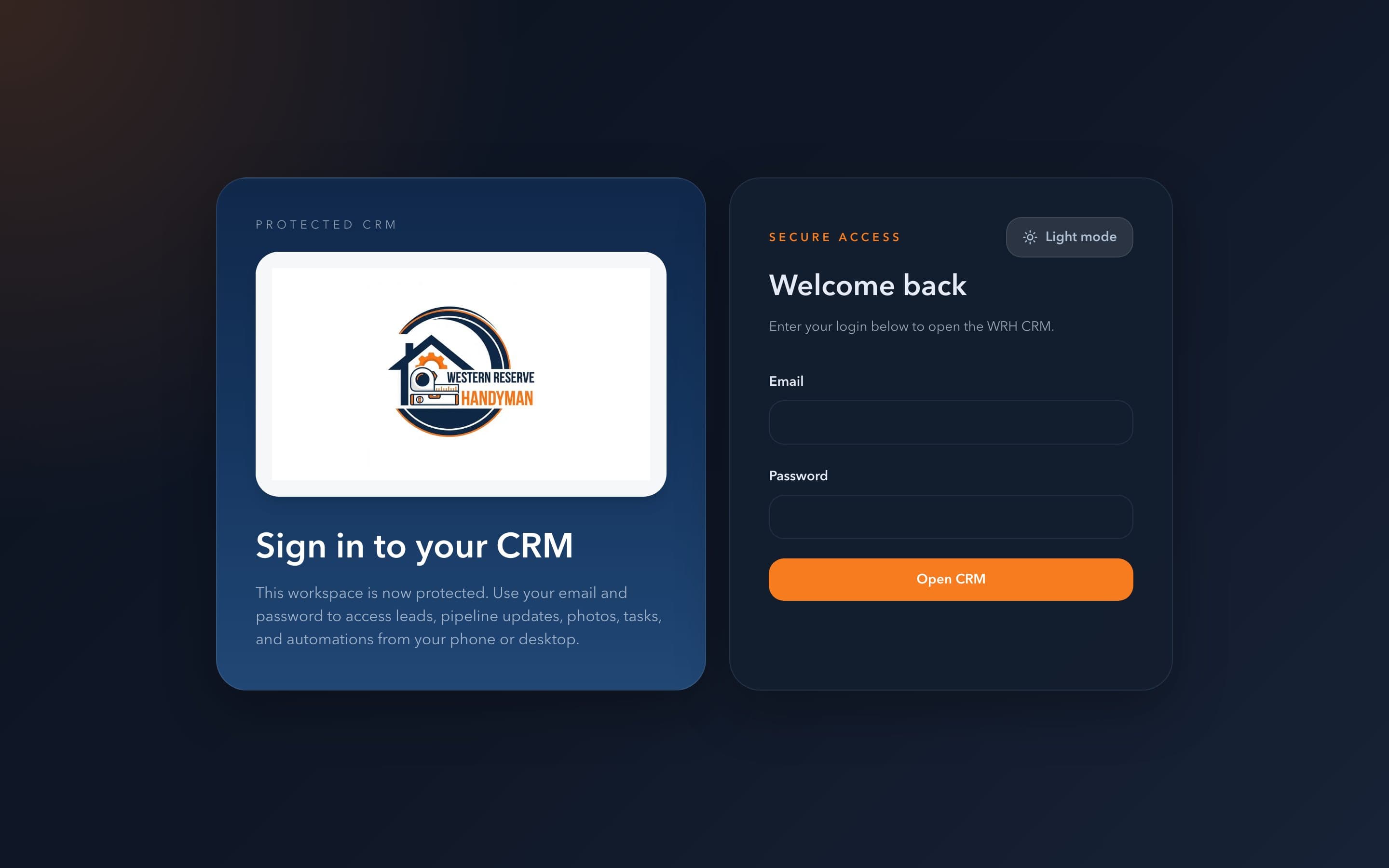 Western Reserve Handyman CRM lead-intake interface.