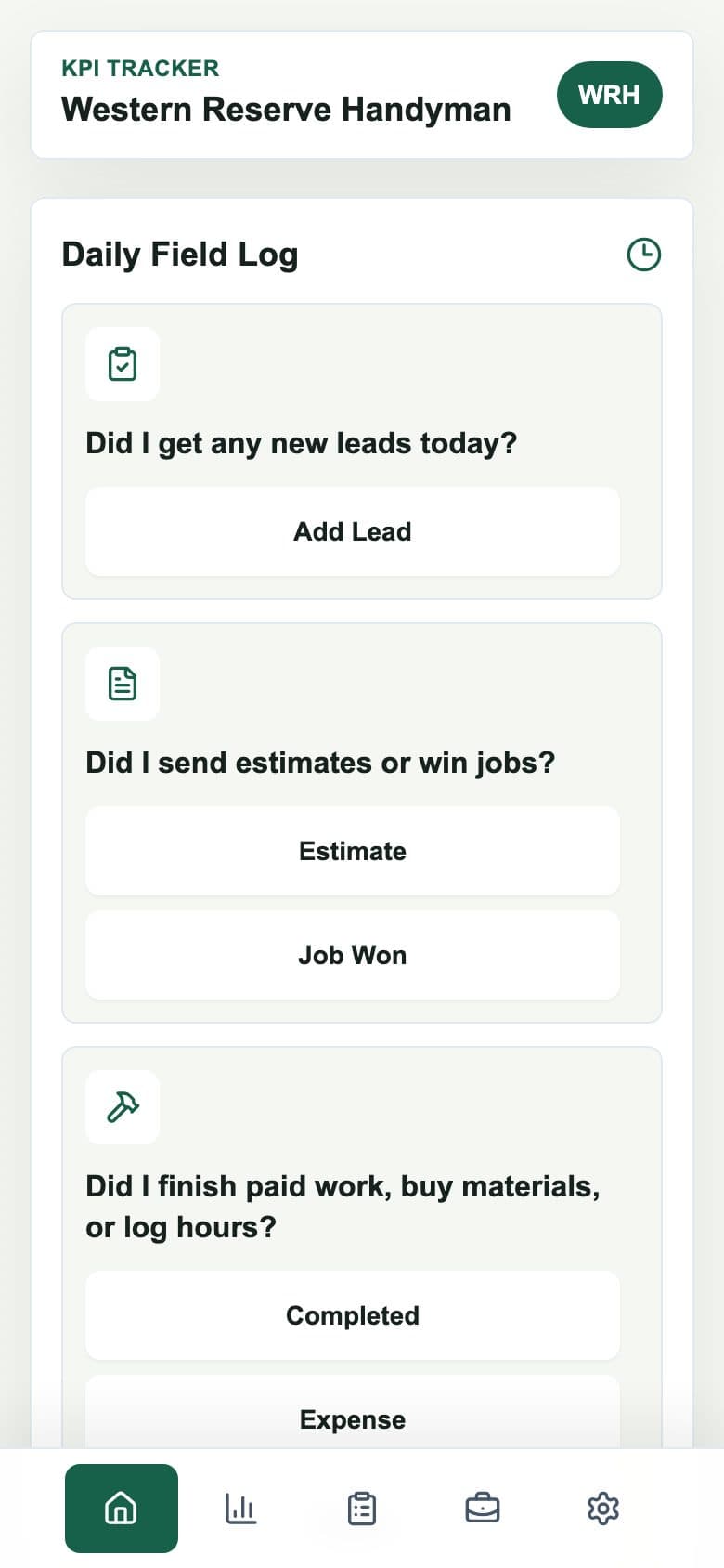 Western Reserve Handyman KPI tracker running as a mobile app.