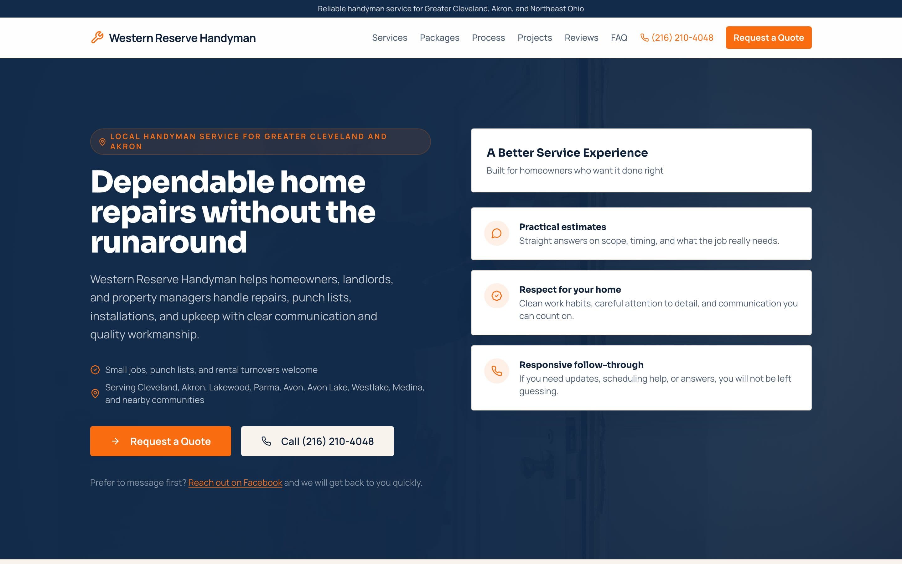 Western Reserve Handyman marketing website — hero reading 'Dependable home repairs without the runaround' with a request-a-quote call to action.
